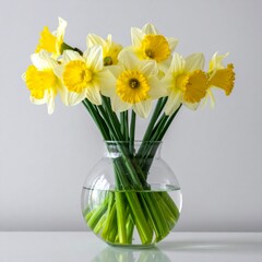 Vibrant Yellow and White Daffodils Floral Arrangement in Clear Glass Vase on White Table