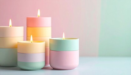 Stacked Pastel Candles with Burning Flames on a Soft Light Background In Studio