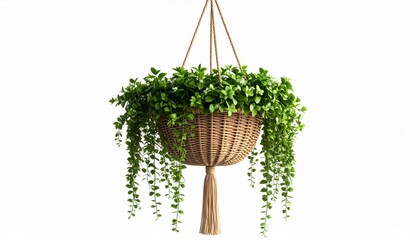 Hanging Basket with Lush Green Trailing Plant Against a Clean White Background