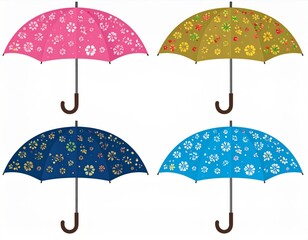 Collection of Colorful Floral Umbrellas in Pink Yellow Navy Blue Aqua on White Backdrop