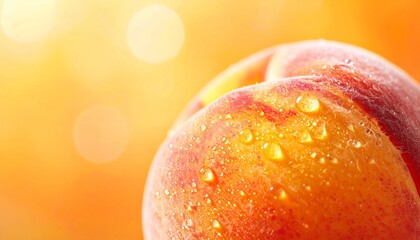Close Up of a Fresh Peach with Water Droplets Against an Orange Bokeh Background