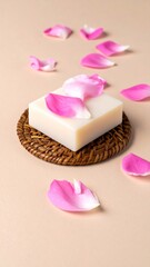 Ivory Soap with Pink Rose Petals on a Small Woven Plate with Beige Background