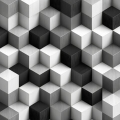 Seamless geometric pattern featuring high detail, realistic style with black, white, and gray cubes creating clean, three dimensional effect