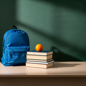 Blue backpack rests on a light wooden table beside a stack of four hardcover books. An orange sits atop the books. Back to school 