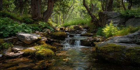Obraz premium Picture of a stream in the forest with clear water and sunlight shining through.