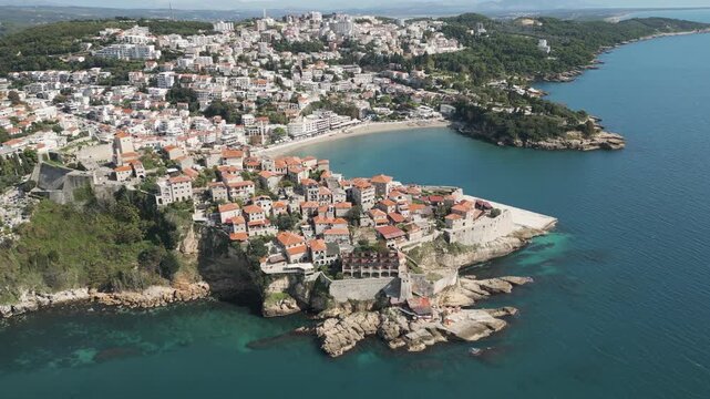Aerial perspective of old town Ulcinj, nestled on the Adriatic shore in the south of Crna Gora.
