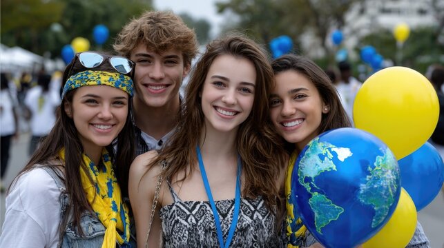 Four diverse young people smiling brightly outdoors. They hold colorful blue and yellow balloons, one showing a world globe, celebrating global youth unity at a cheerful event.