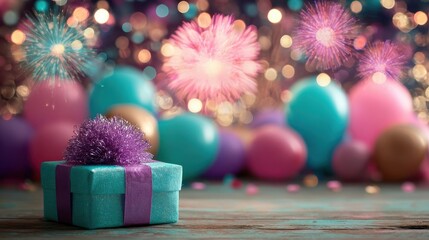 Festive Gift Box with Fireworks and Balloons