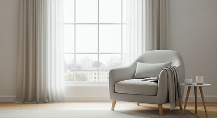 Cozy Armchair by a Large Window with White Curtains