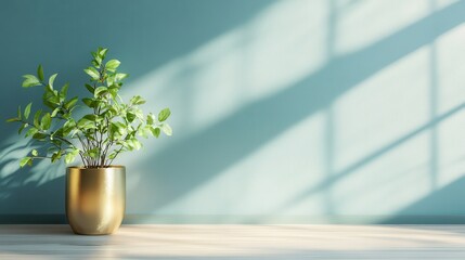 Pastel blue background room with a metallic gold flower pot and fresh green plant, empty light wooden floor area