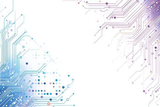 A white background with colorful circuit board lines representing technology and data The design includes digital connections and intricate patterns of blue and purple dots Generative AI