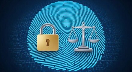Digital Justice Padlock and Scales on Fingerprint Circuit Board Background.