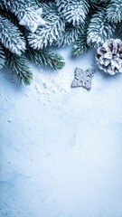 Frosted Pine Branches and Snow Covered Cone Against a Textured Blue Background