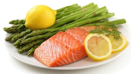 Fresh salmon, asparagus, and lemon on a plate