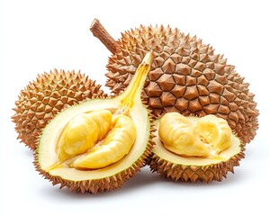 Obraz premium durian fruit whole and sectioned with yellow creamy pulp, clean white background, sharp clarity, exotic fruit display