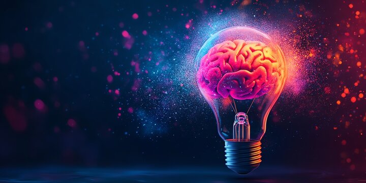 Exploding lightbulb in neon watercolor style, exposing a glowing human brain inside, vibrant energy bursts, isolated background, concept of brilliant ideas and innovation