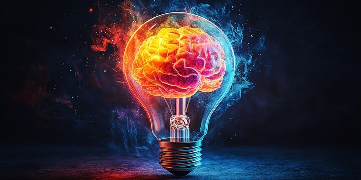 Exploding lightbulb in neon watercolor style, exposing a glowing human brain inside, vibrant energy bursts, isolated background, concept of brilliant ideas and innovation