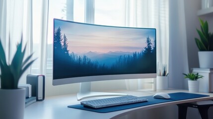 Fototapeta premium Clean and futuristic workstation setup with a curved ultra-wide monitor, blue tabletop and white office accessories, organized and aesthetic productivity vibe