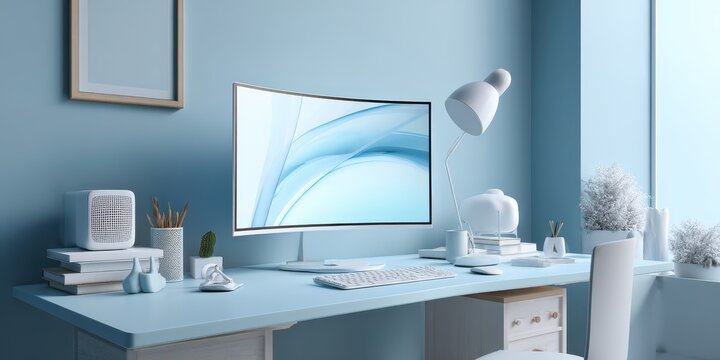 Curved monitor on a modern blue desk with bright white accessories, airy and clean office vibe, ideal for tech and remote work stock imagery - Powered by Adobe