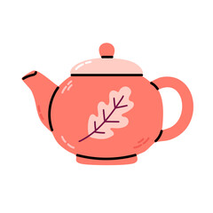 Pink teapot with round lid and oak leaf drawing for fall tea time