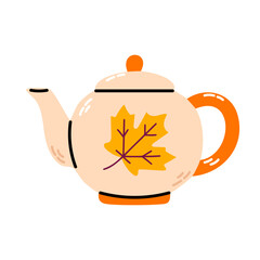 Ceramic teapot with autumn maple leaf design in warm orange color