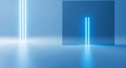 Modern blue abstract background with bright glowing neon light tubes futuristic space