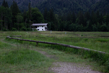 Lonely white house stands on a wide grassy field at the edge of a dense forest. Surrounded by tall trees and mountains, the scene evokes calmness and rural solitude.