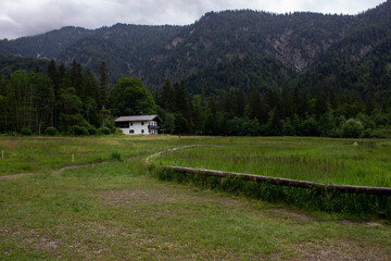 White country house surrounded by green meadows and dense forest at the foot of misty mountains. Peaceful rural scene under cloudy sky.