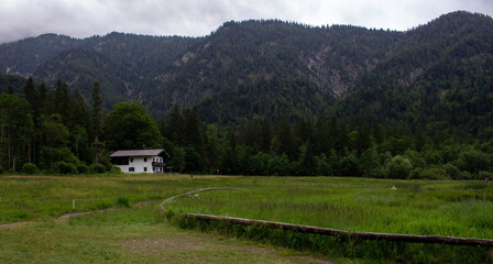 White country house surrounded by green meadows and dense forest at the foot of misty mountains. Peaceful rural scene under cloudy sky.