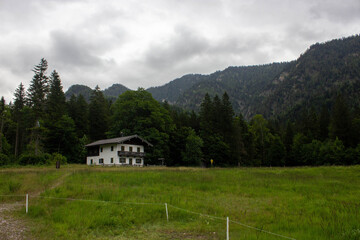 White country house surrounded by green meadows and dense forest at the foot of misty mountains. Peaceful rural scene under cloudy sky.
