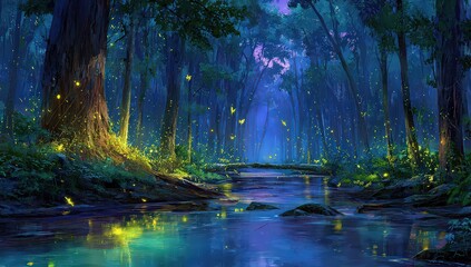 Magical Glowing Firefly Forest At Night