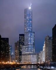 Naklejka premium Modern skyscraper at night, city skyline