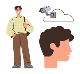 Young man carrying bag, security camera linked to cloud, and a profile silhouette. Ideal for technology, security, data storage, privacy, surveillance monitoring digital safety. Simple flat