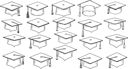 Hand-drawn line art collection of black and white graduation caps and academic hats with tassels, symbolizing education, university, and academic achievement.
