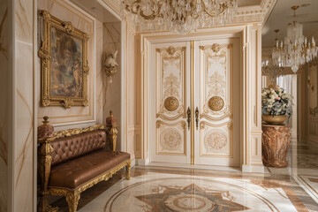Obraz premium Italian luxury front door with onyx and leather inlays, ornate brass hardware