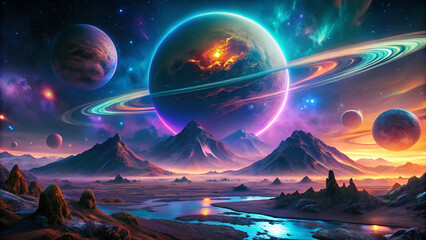 Surreal Alien Planet Landscape with Glowing Rings, Lava Volcanoes, and Bioluminescent Ocean – Sci-Fi Concept Art