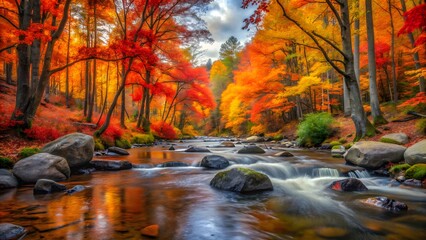 Vibrant autumn forest stream with colorful foliage isolated on white background isolated on transparent background