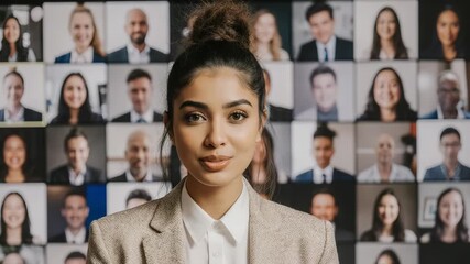 Confident businesswoman leads virtual meeting with diverse team members online - Powered by Adobe