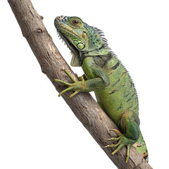 Obraz premium Png of A vibrant green iguana perched on a branch, showcasing its intricate scales and unique textures.