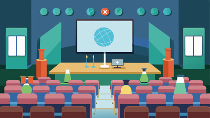 A lecture hall with theaterstyle seating and a projector displaying a scientific presentation.