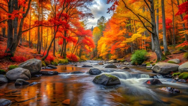 Vibrant autumn forest stream with colorful foliage isolated on white background isolated on transparent background - Powered by Adobe