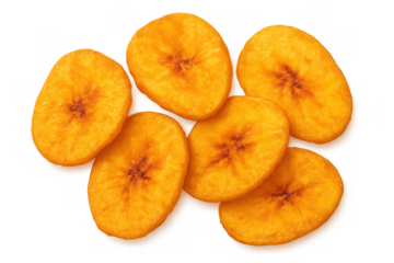 Dried banana chips artfully arranged, revealing golden-brown hues against transparent backdrop, highlighting crispy texture and natural snack appeal