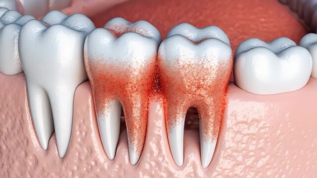 Periodontal disease shown in a human mouth with inflamed gums and teeth