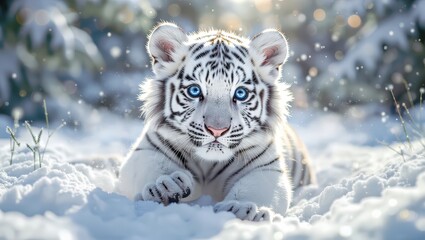 White Tiger Cub Lying in Snow with Bright Blue Eyes in Winter Landscape