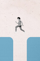 Vertical banner 3d art pop image collage of happy businesswoman businessman climb stand chart progress statistics goal progress