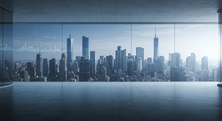Empty contemporary office space with floor-to-ceiling windows overlooking a sunlit urban financial district. Business and investment concept.