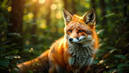 Bright Fox Sitting in Forest with Warm Sunlight and Bokeh Effect