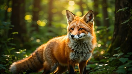 Fototapeta premium Red Fox in Forest with Sunlight Filtering Through Trees
