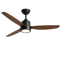 Fototapeta premium Modern Matte Black Ceiling Fan with Reversible Wooden Blades and Integrated LED Light