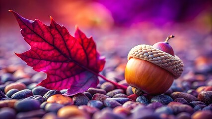 Autumn acorn and red maple leaf on pebbles isolated on white background isolated on transparent background